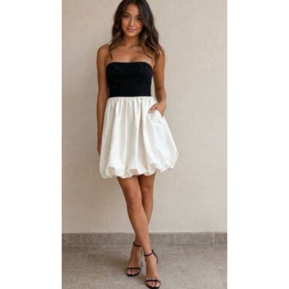 A New Day Womens Small Black White Colorblock Ribbed Bubble Hem Strapless Dress
